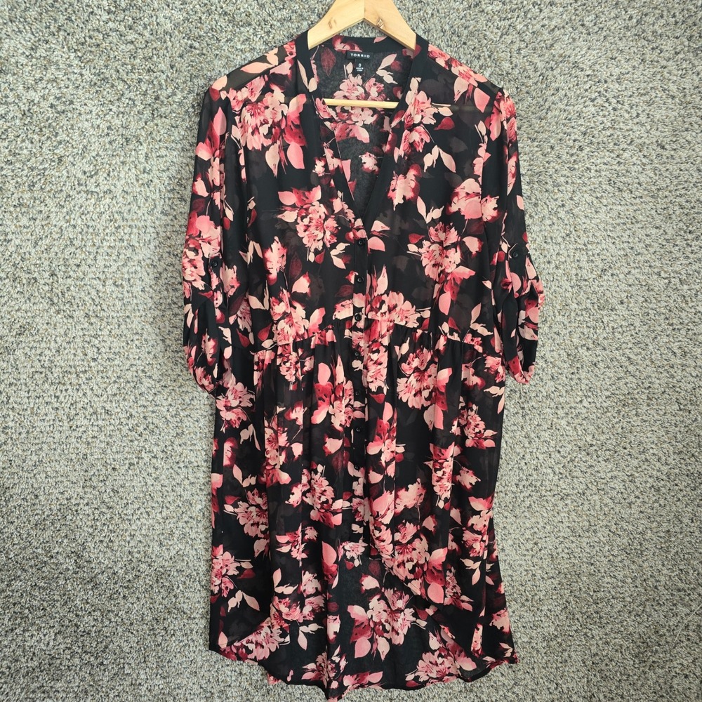 Torrid Top Womens 0 US Large 12 Black Pink Floral Print‎ Sheer Tunic Hi Low